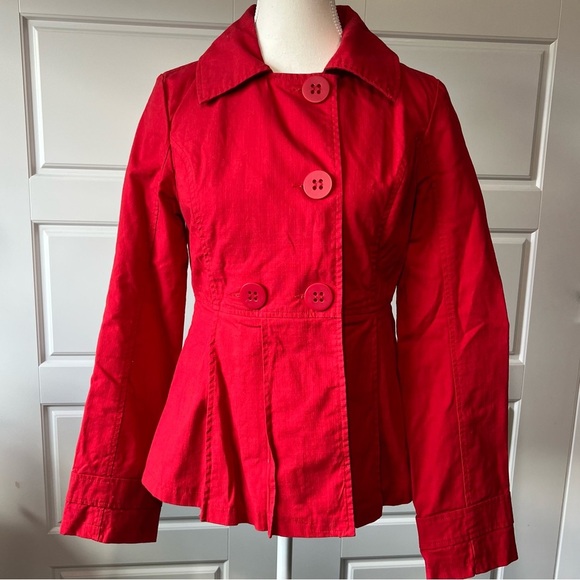 Nine West Red Cropped Pea Coat Jacket Button Up‎ Fitted Casual Medium - Picture 2 of 8